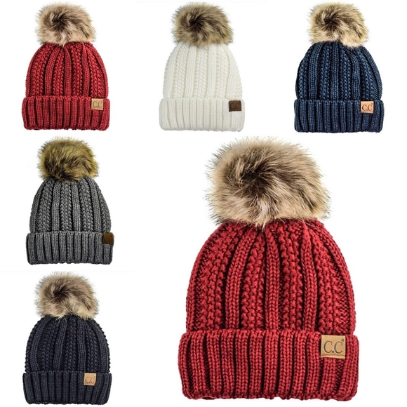 C.C Accessories - INSIDE Fleece Super SOFT Lined C.C. Knit Beanie with VEGAN Fur in Charcoal Gray